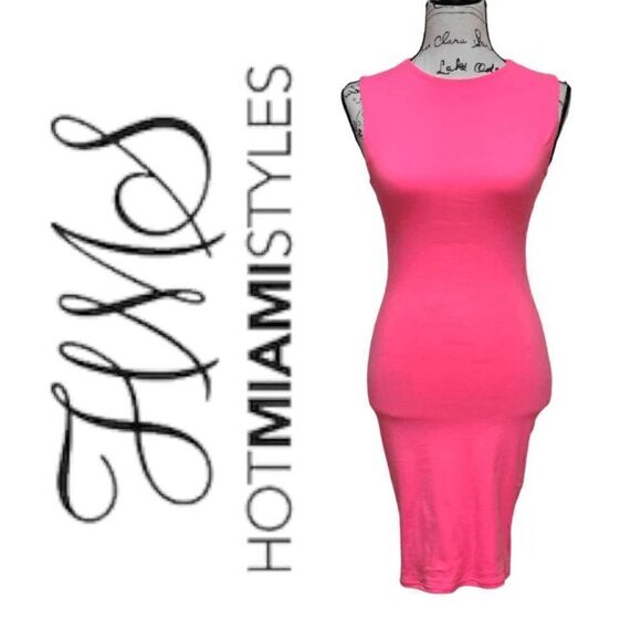 💗 HOT MIAMI STYLES Neon Pink Sleeveless Bodycon Perfect Fit Dress SIZE XS - Picture 1 of 9